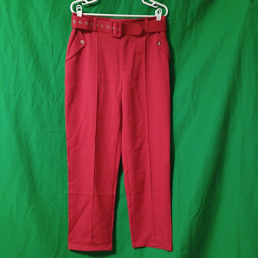 Red High Waisted Belted Trousers Straight Leg Dress Pants XL 32 x 28